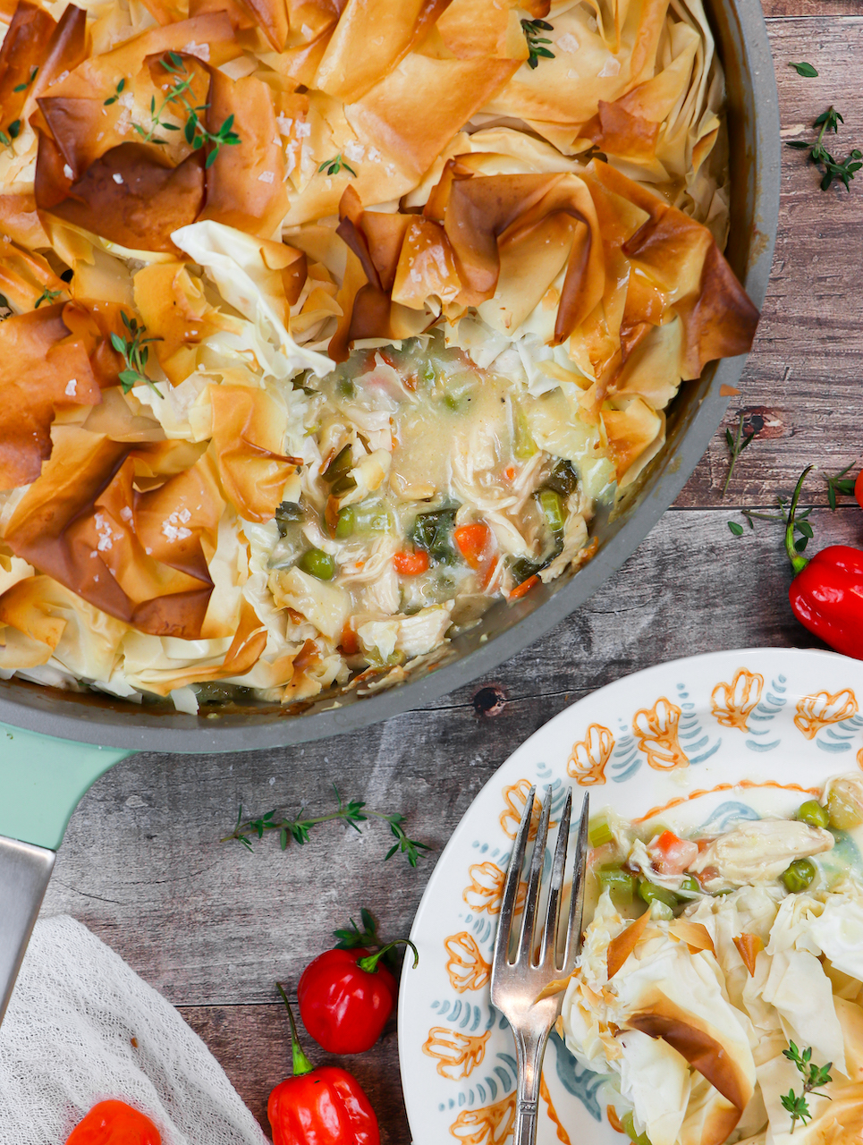 One Pan Chicken Pot Pie with Flaky Phyllo Crust